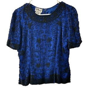 Vintage Stenay Electric Blue Black Beaded Top Medium